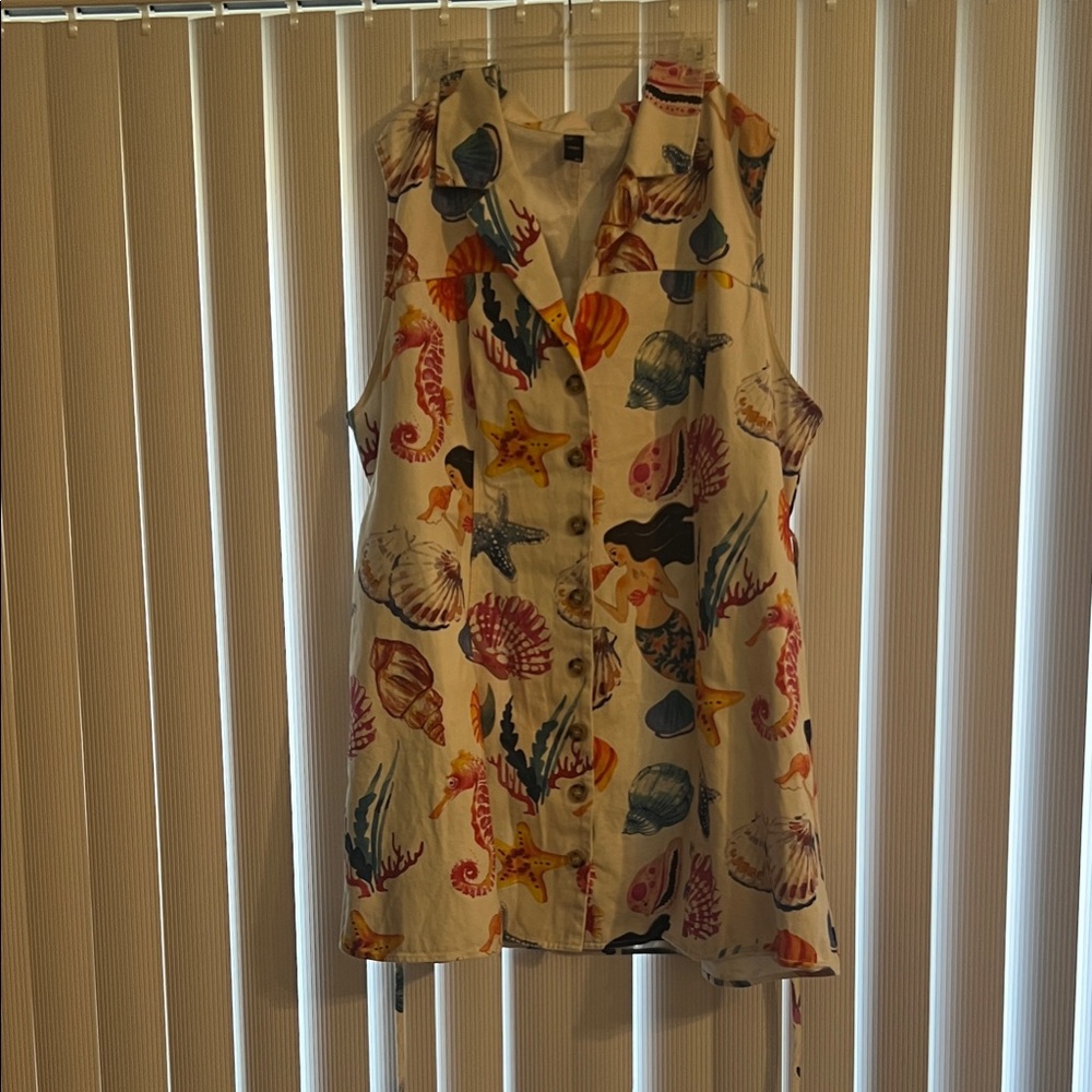 Sea Life Print Sleeveless Button-Up Dress